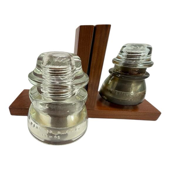 Clear Glass Insulator On Wood Bookends Very Heavy READ Vtg Lineman Electrician - Picture 7 of 14